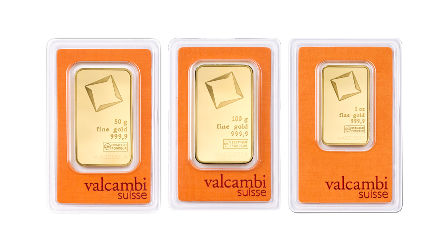 Златни кюлчета Valcambi с тегло от 50 и 100 грама и 1 тройунция