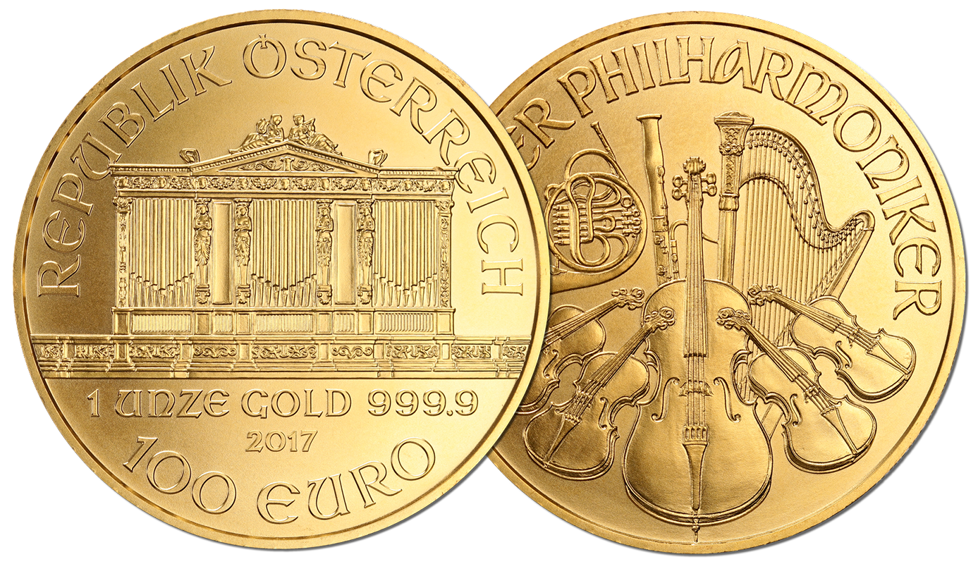 Златна монета Виенска филхармония с тегло от една тройунция.