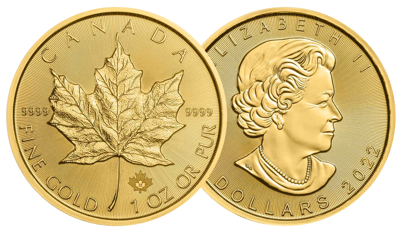 Златна монета Канадски кленов лист от 2022 г. с тегло от една тройунция.