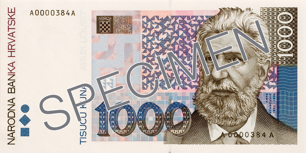 Obverse of banknote 1000 Croatian kuna