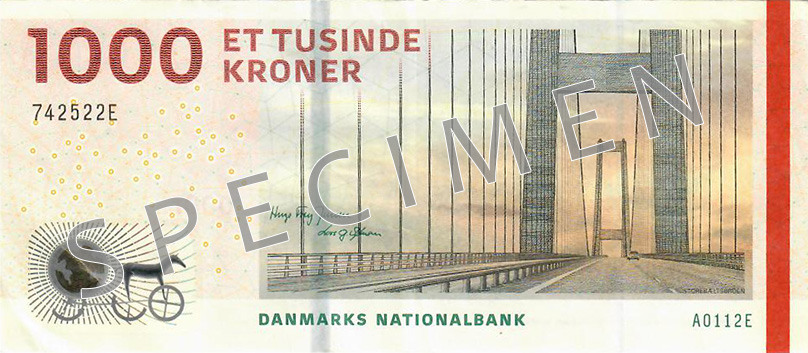 Obverse of banknote 1000 Danish krone