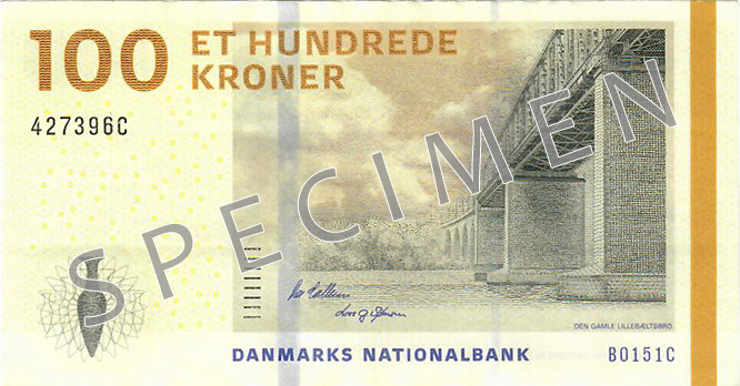 Obverse of banknote 100 Danish krone
