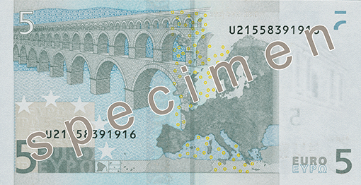 Гръб на стара серия банкнота от 5 евро
