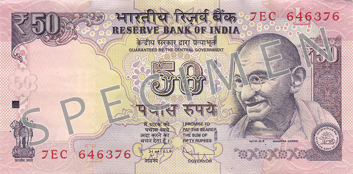 Obverse of banknote 50 Indian rupee