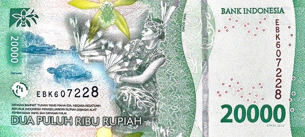 Reverse of banknote 20000 Indonesian rupiah 2023