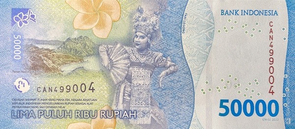 Reverse of banknote 50000 Indonesian rupiah 2022