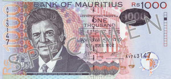 Obverse of banknote 1000 Mauritian rupee