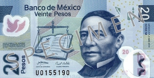 Obverse of banknote 20 Mexican peso