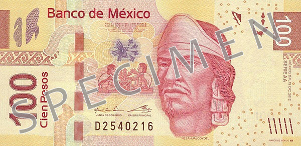 Obverse of banknote 100 Mexican peso