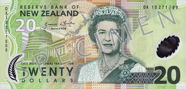 Obverse of old series banknote 20 New Zealand dollar