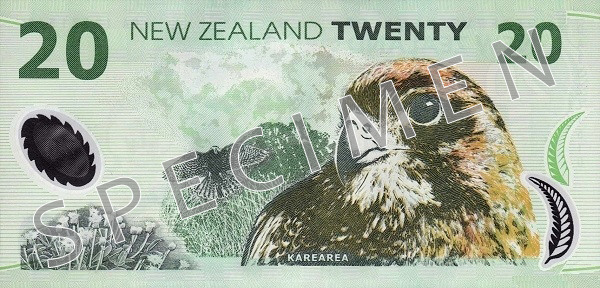 Reverse of old series banknote 20 New Zealand dollar