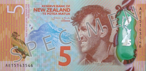 Obverse of new series banknote 5 New Zealand dollar