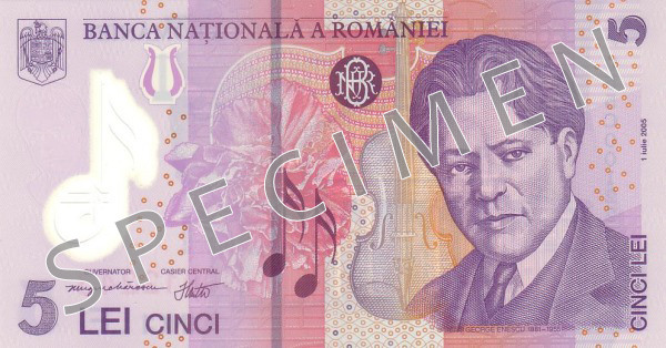Obverse of banknote 5 Romanian leu