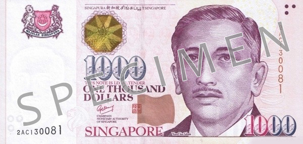 Obverse of banknote 1000 Singapore dollar