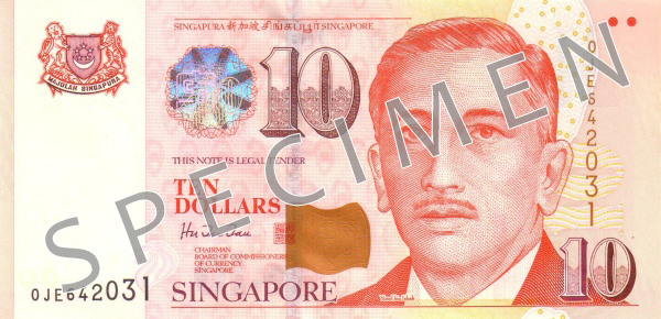 Obverse of banknote 10 Singapore dollar