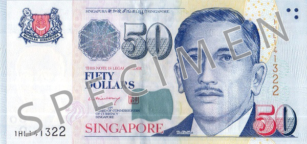 Obverse of banknote 50 Singapore dollar