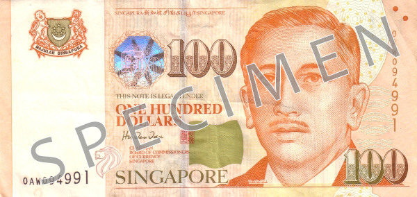 Obverse of banknote 100 Singapore dollar