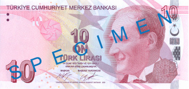 Obverse of banknote 10 Turkish lira