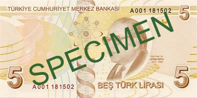 Гръб на стара серия банкнота от 5 турски лири