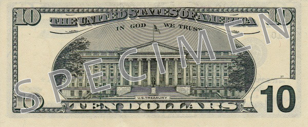 Reverse of banknote 10 US dollar