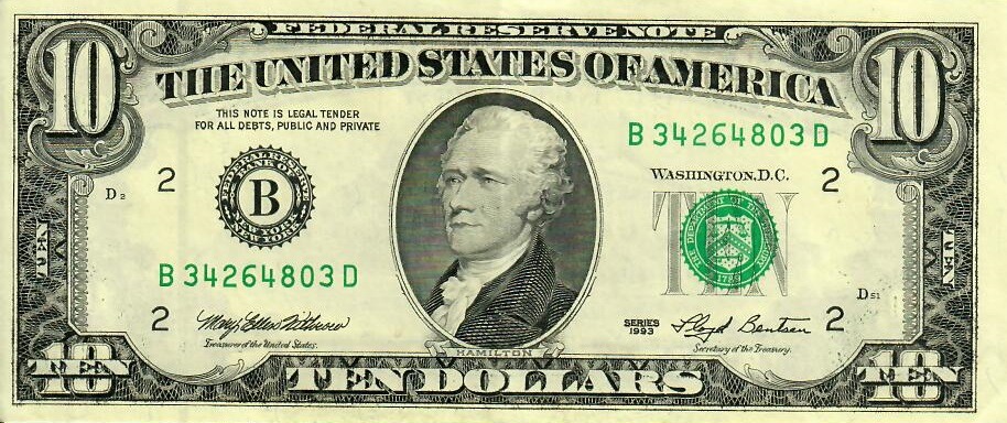 Obverse of banknote 10 US dollar