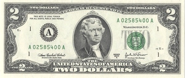 Obverse of banknote 2 US dollar