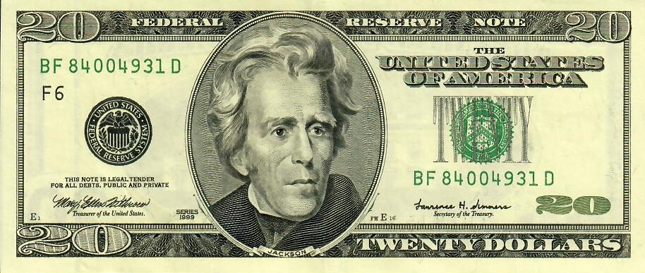 Obverse of banknote 20 US dollar
