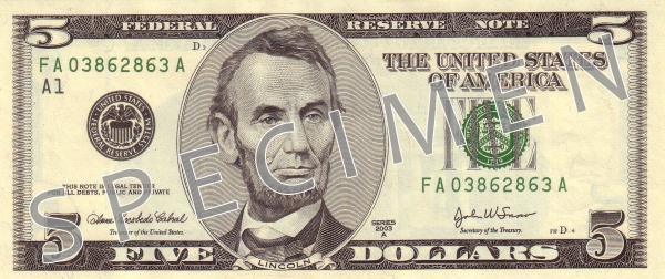 Obverse of banknote 5 US dollar