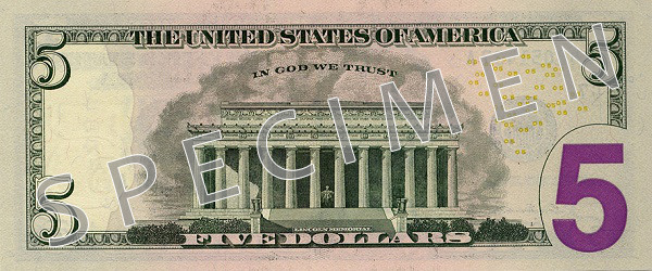 Reverse of banknote 5 US dollar