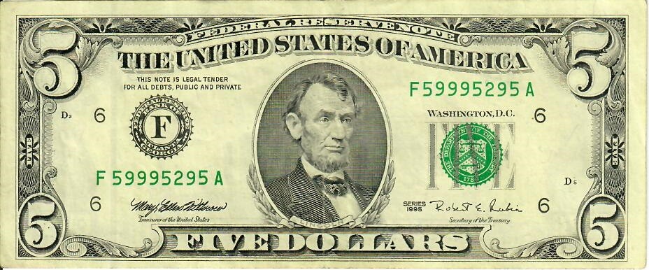 Лице на банкнота от 5 щатски долара